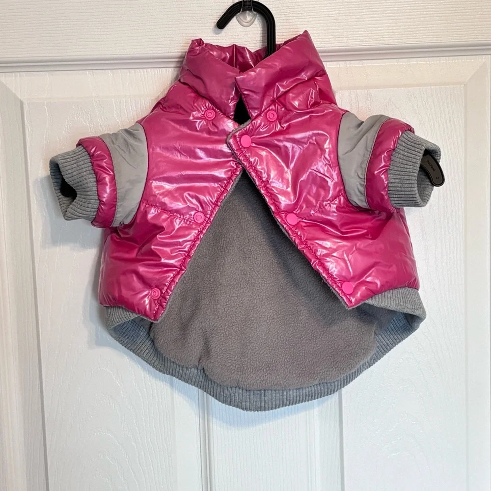Pet Life Small Dog Puffer Jacket Pink Grey Gray Fleece Lined Snaps Hooded Small